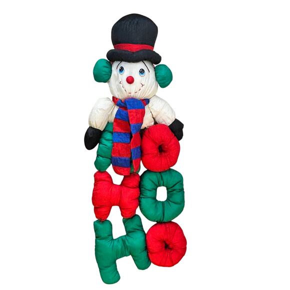 Puffy Nylon Snowman Plush Wall Hanging Vintage Ho Ho Ho Stuffed Christmas Decor - Picture 4 of 4